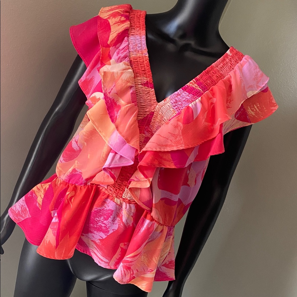 Floral Ruffle V-Neck Top - Pink and Red